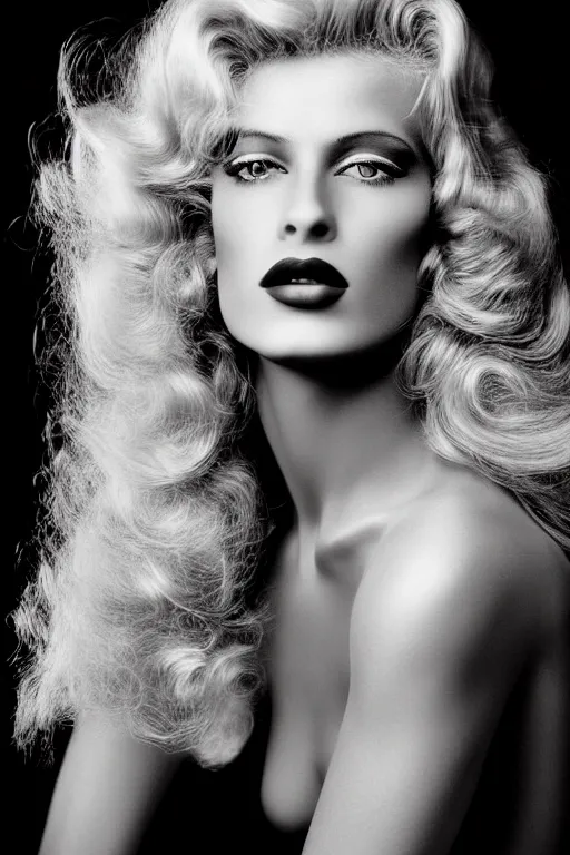 Prompt: award - winning herb ritts portrait of a beautiful blonde woman. long curly shiny glossy hair. old hollywood makeup. vintage glamour. glossy lips. supermodel. high fashion black and white photography. vogue. nikon 5 0 mm f / 1. 6