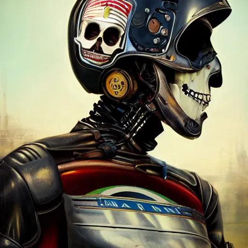 Image similar to a portrait of an anthropomorphic vintage skull in a racing helmet by sandra chevrier, detailed render, epic composition, cybernetics, 4 k realistic, cryengine, realistic shaded lighting, sharp focus, masterpiece, by matteo scalera, gary montalbano, peter elson in the style of the tokyo ghost comic