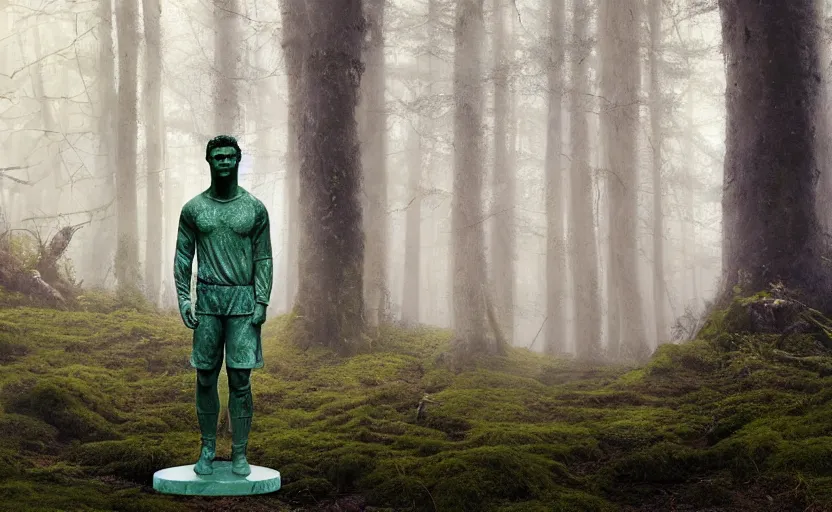 Image similar to a mossy marble statue of Cristiano Ronaldo abandoned in the middle of a forest near a lake at sunset by Greg Rutkowski, concept art, godrays, complementary colors, calm, relaxing, beautiful landscape, highly detailed, high quality, 4k HDR, path tracing, serene landscape, high coherence, soft lighting
