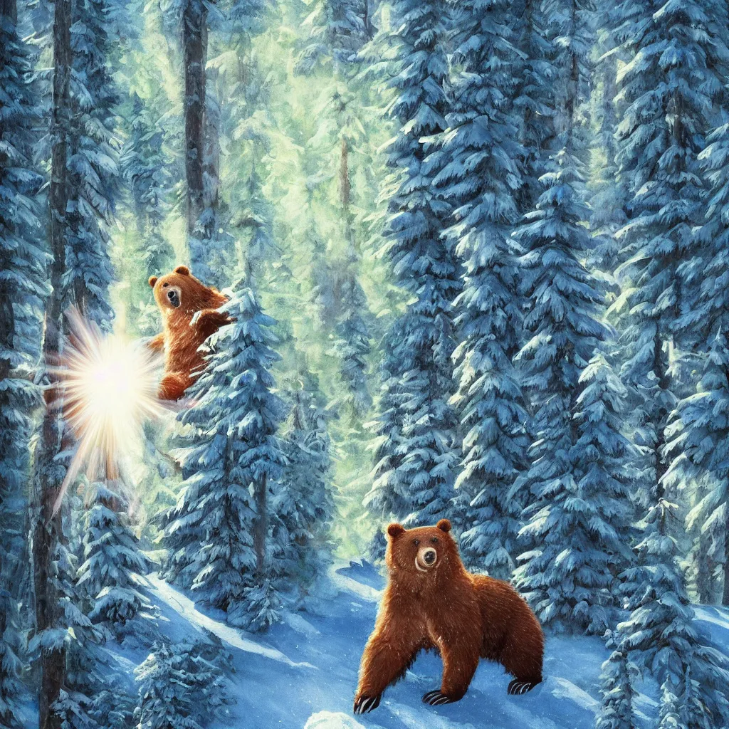 Image similar to a bear skiing down hill through a forest. the bear is a cute humanoid fluffy cub, light rays are shining through the trees above, beautiful light. trending on artstation 4 k award in winning artwork. vivid colors. detailed painting. kids book illustration.