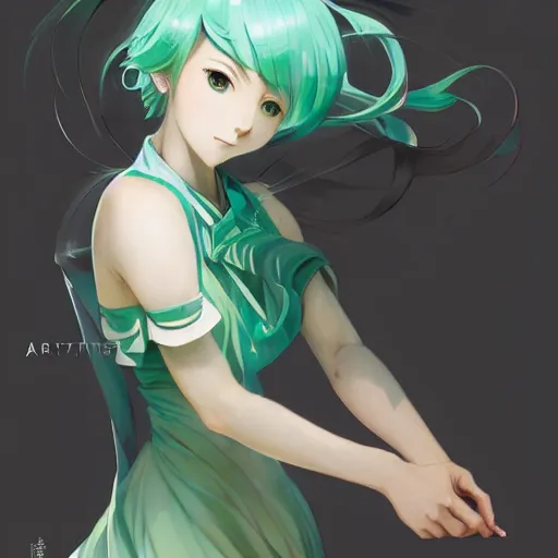 Image similar to hatsune miku short hair, anime style, hyper detailed, light green dress, illustration, digital painting, art by artgerm and greg rutkowski and alphonse mucha, high delicate defined details, anime stylized, highly detailed, realistic, sharp focus, styled by rhads