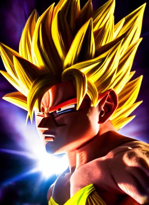 Image similar to a full portrait photo of super saiyan son goku, f / 2 2, 3 5 mm, 2 7 0 0 k, lighting, perfect faces, award winning photography.