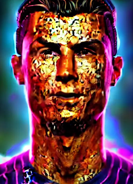 Image similar to glowwave portrait of cristiano ronaldo from borderlands 3, au naturel, hyper detailed, digital art, trending in artstation, cinematic lighting, studio quality, smooth render, unreal engine 5 rendered, octane rendered, art style by klimt and nixeu and ian sprigger and wlop and krenz cushart.