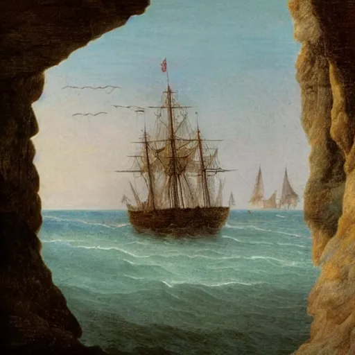 Prompt: a sailing ship in the wild sea, people watching it from a rock, clear blue sky, in the style of caspar david friedrich.