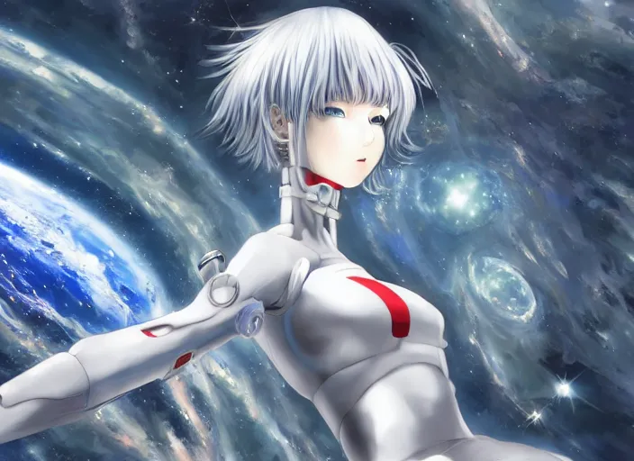 Image similar to This is a digital art piece by Yoshiyuki Sadamoto that is trending on artstation. It is a 8K UHD image of Rei Ayanami, a female anime character, inside a space station with technological rings. She is shot from the ground by Yoshiyuki Sadamoto. The environment is a concept design and the art is hyper realistic with intricate details.