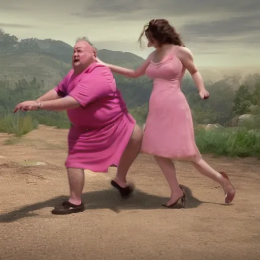 Image similar to cinematic shot of a fat ugly old man wearing a pink dress hitting a young woman with a rock, very intricate, very detailed,
