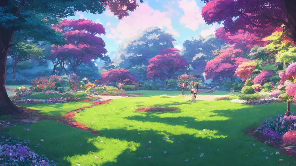 Image similar to landscape of a a beautiful garden outside of a castle, rich vivid colors, ambient lighting, dynamic lighting, 4k, HQ, official media, concept art, anime key visual, makoto shinkai, ilya kuvshinov, lois van baarle, rossdraws, detailed, trending on artstation