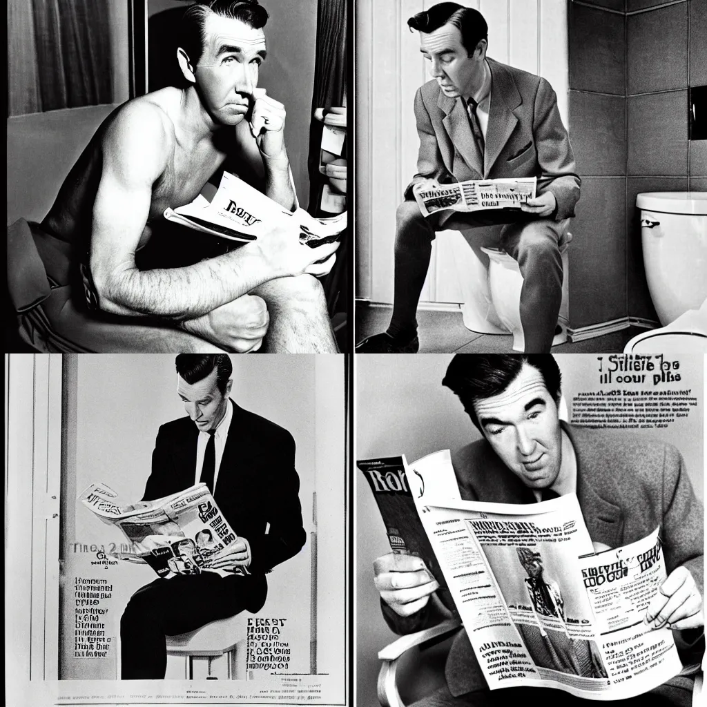 Prompt: The actor, James Stewart sitting on a toilet reading an old magazine, highly detailed, side facing camera