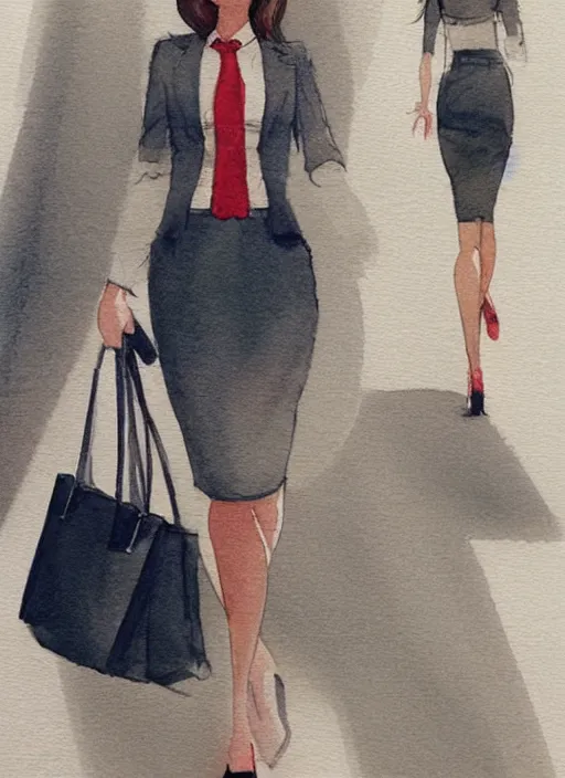 Image similar to concept art of a modern office life, young attractive business woman, pencil miniskirt, pinterest, artstation trending, behance, watercolor, by coby whitmore, silver, laser light,