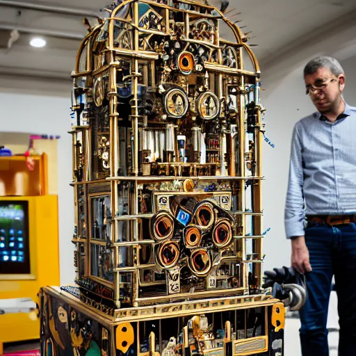 Prompt: a random pointlessly elaborate intricate contraption pneumatic machine with no apparent purpose, being operated by a scholarly looking man with a clear directed gaze, xf iq 4, f / 5. 4, iso 2 0 0, 1 / 1 6 0 s, 8 k, raw, unedited, symmetrical balance, in - frame