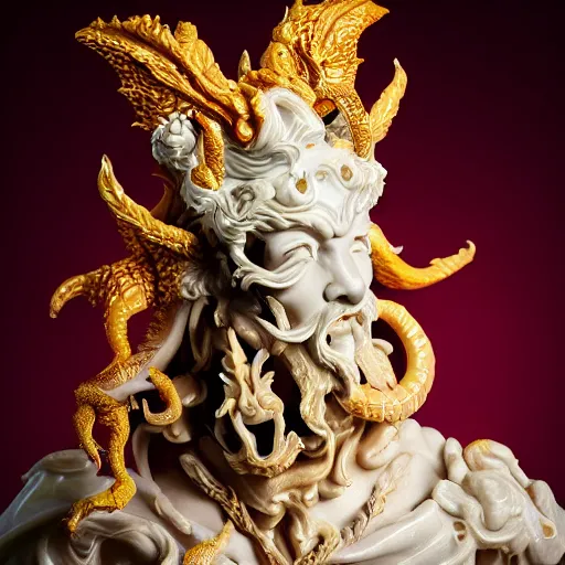 Image similar to a closeup photo, face, rococo alabaster and ruby real delicate ceramic porcelain sculpture of an ornate detailed dragon god in front of an intricate background by rafael, micro detail, backlit lighting, subsurface scattering, translucent, thin porcelain, fire, flames, amber, octane renderer, colorful, physically based rendering, trending on cgsociety