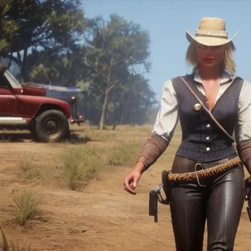 Image similar to margot robbie in red dead redemption 2, highly detailed