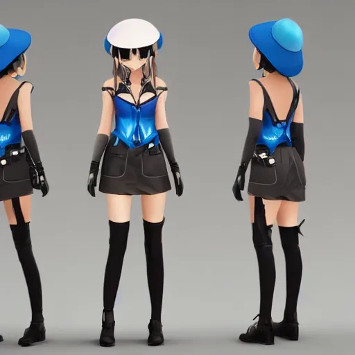 Prompt: Videogame character of a 3d anime styled game, she wears a leothard with black panthyhose and a big blue hat