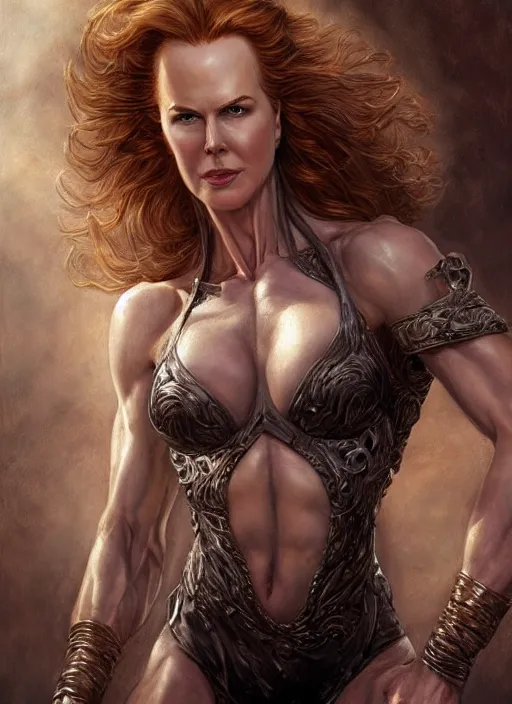 Image similar to muscled Nicole Kidman as a ruggedly handsome hero, intricate, elegant, highly detailed, centered, digital painting, artstation, concept art, smooth, sharp focus, illustration, artgerm, donato giancola, Joseph Christian Leyendecker, WLOP, Boris Vallejo, Artgerm