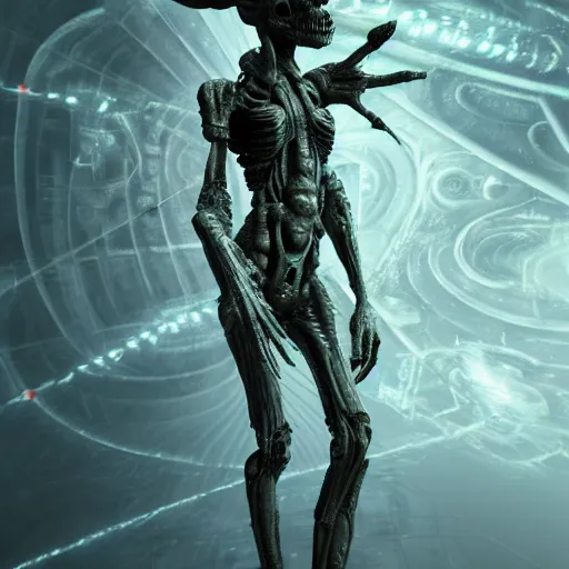 Image similar to machine elfs, abstract, decay, giger textures, ghostly figure, morphing skulls, bone and teeth with cosmic circuitry and futuristic technology rearranging body form, abstract, voodoo, ultra realistic, hyper realism, 1 2 k, epic, octane render, unreal engine, vfx, maya, alex grey