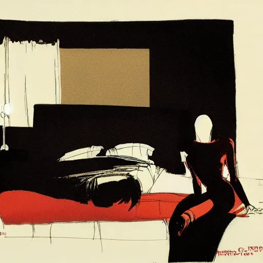 Prompt: gal godat in a noir hotel room by jeffrey catherine jones