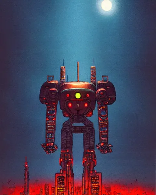 Image similar to giant robot with ominously glowing red eyes stands on top of city that is on fire, concept art, intricate details, highly detailed, in the style of chris foss, rodger dean, moebius, michael whelan, and gustave dore