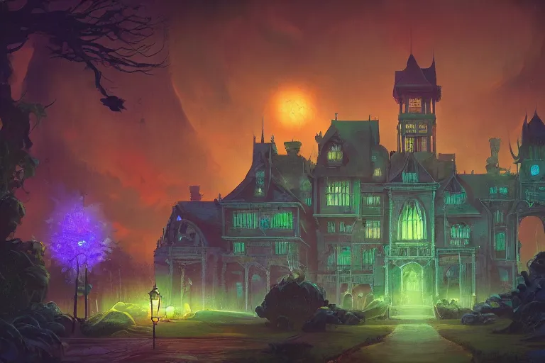 Image similar to matte painting, haunted mansion, infographic with illustrations!!!, glowing lights, epic fantasy, colorfully, digital art, highly saturated colors, concept art, detailed illustration, hd, 4 k, digital art, greg rutkowski, dan mumford, studio ghibli trending on artstation