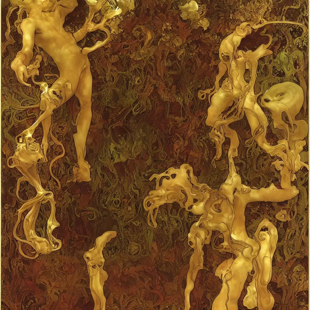 Image similar to grainy 2 0 mm film photograph of a grotesque nightmare fungus demon god. uhd, amazing depth, cinematic lighting, glossy wet levitating floating fungus god with arms outstretched. by thomas blackshear and alphonse mucha.