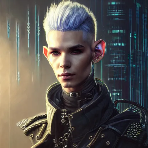 Prompt: portrait painting of a cyberpunk elf mercenary bill kaulitz, ultra realistic, concept art, intricate details, eerie, highly detailed, photorealistic, octane render, 8 k, unreal engine. art by artgerm and greg rutkowski and charlie bowater and magali villeneuve and alphonse mucha