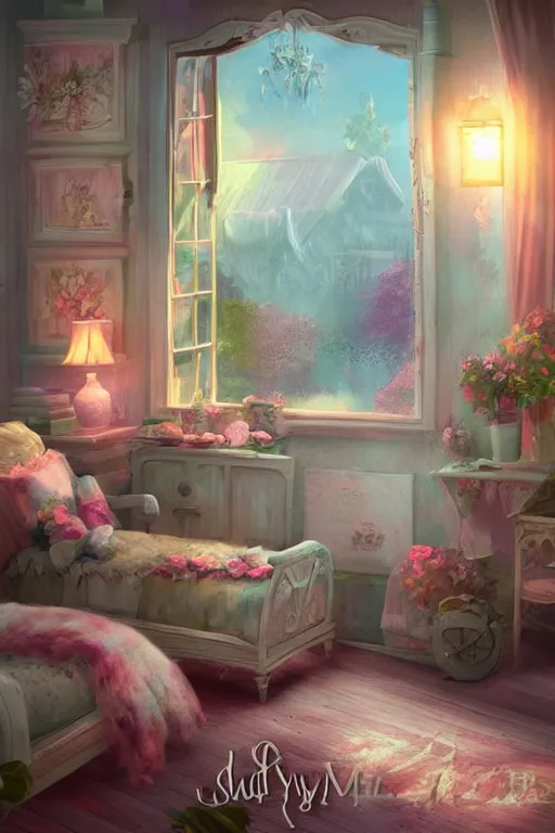 Prompt: matte sharp painting shabby chic room with windows mark rydel, artgerm, lisa frank, artstation behance storybook