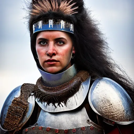 Prompt: head and shoulders portrait of a female knight, tribal warrior, photography by jimmy nelson, dolmen mountain background, hq