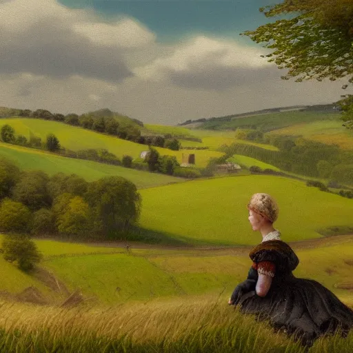 Prompt: Victorian British woman with blond hair in foreground staring off into pastoral green hillside in England done in the style of a painting, cinematic, 4k,