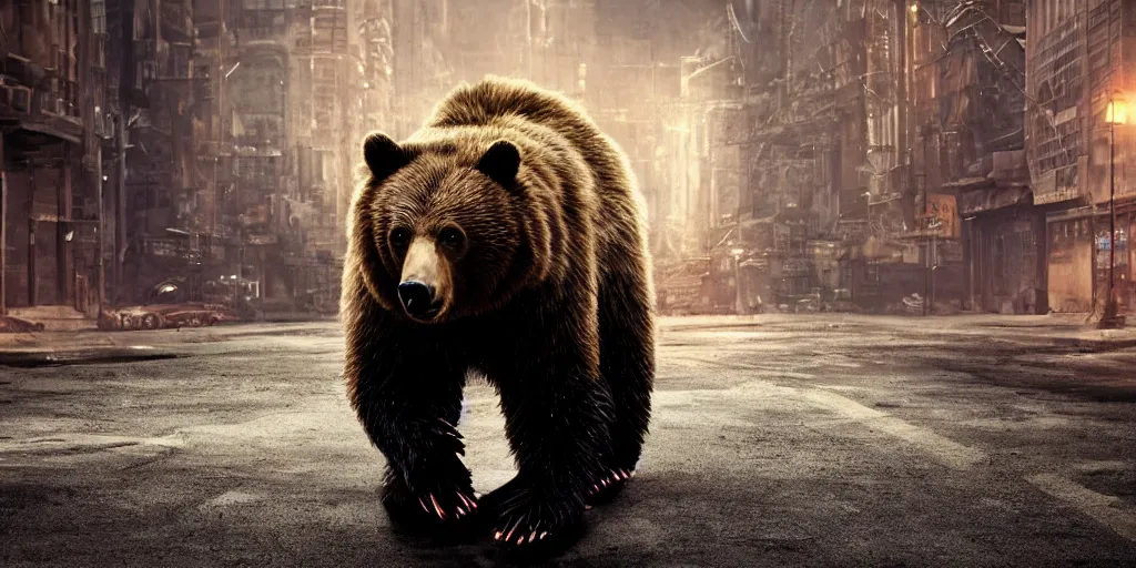 Prompt: nuclear mutation of a bear walking through a desolate city street at night, realistic 4 k octane beautifully detailed render, 4 k post - processing, highly detailed, intricate complexity, epic composition, magical atmosphere, cinematic lighting, masterpiece, ultra hd