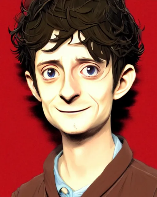 Prompt: portrait Anime joyful happy Elijah Wood playing Hobbit Frodo Baggins; velvet brown jacket, backpack || cute-fine-face, pretty face, realistic shaded Perfect face, fine details. Anime. realistic shaded lighting by Ilya Kuvshinov katsuhiro otomo ghost-in-the-shell, magali villeneuve, artgerm, Jeremy Lipkin and Michael Garmash and Rob Rey