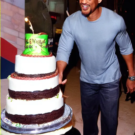 Prompt: Will Smith is actually cake inside, paparazzi photograph