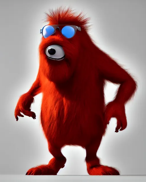 Prompt: 3 d render of completely red hairy friendly antropomorphic creature wearing chrome shades, without nose and small grin, full body, standing on 2 feet, in the style of pixar, white background, unreal engine 5, octane render, highly detailed hdr