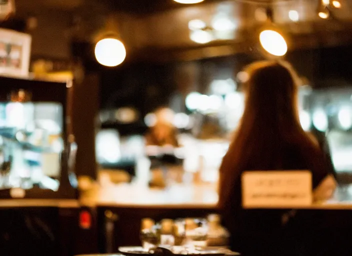 Image similar to a 2 8 mm macro photo from the back of a woman standing at the espresso machine in a cozy cafe, splash art, movie still, bokeh, canon 5 0 mm, cinematic lighting, dramatic, film, photography, golden hour, depth of field, award - winning, anamorphic lens flare, 8 k, hyper detailed, 3 5 mm film grain, hazy