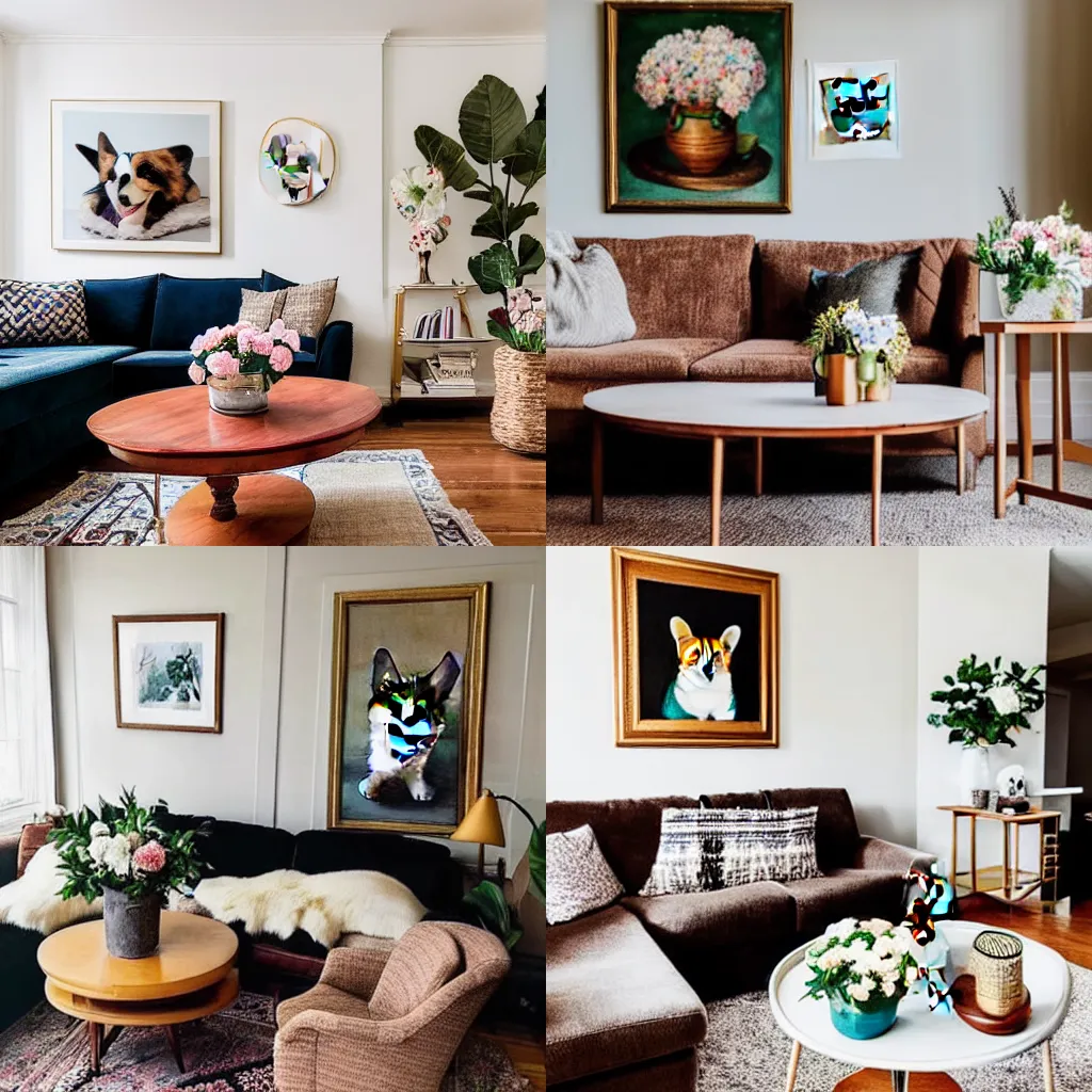 Prompt: A cozy living room with a painting of a corgi on the wall above a couch and a round coffee table in front of a couch and a vase of flowers on a coffee table.