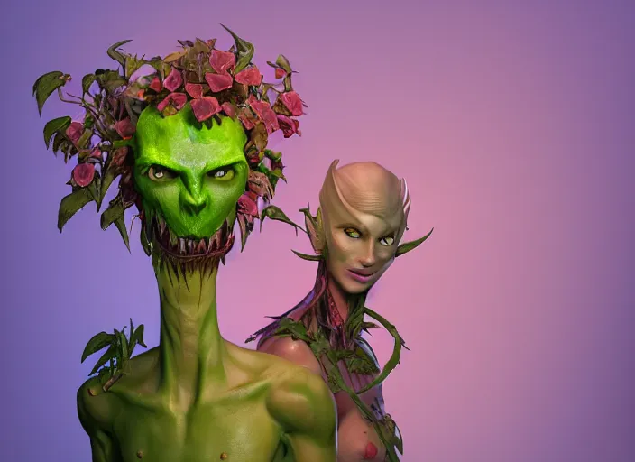 Image similar to Fantasy Alrune androgynous plant humanoid with flowers in hair man-eating plant body pitcher plant by Larry Elmore and Ilya Kushvikov, hulk green skin, symmetrical face concept art, octane render unreal engine meta humans, artstation