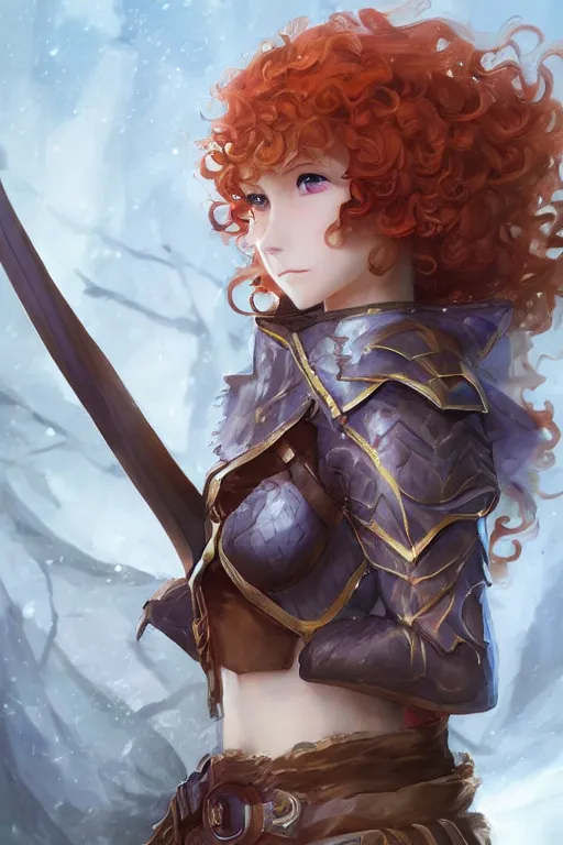 Image similar to A beautiful anime portrait of a curly haired redhead female elf, rpg ranger outfit, elven bow, by Stanley Artgerm Lau, WLOP, Rossdraws, James Jean, Andrei Riabovitchev, Marc Simonetti, and Sakimichan, tranding on artstation