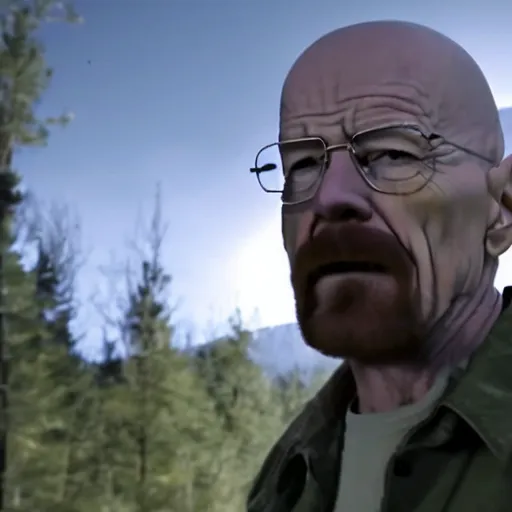 Prompt: deformed monster walter white committing treason in the highest degree against skyler white while having a schizophrenic episode in the forest on his trailcam