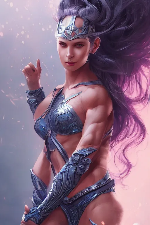 Image similar to three-quarters portrait pose of a beautiful woman, strong body,super heroine costume, human super powers, fantasy, intricate, elegant, highly detailed, digital painting, artstation, concept art,shining, sharp focus,D&D, illustration, art by Stanley Lau