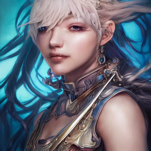 Image similar to studio portrait of lawful good colorful female lancer paladin as absurdly beautiful, elegant, young sensual anime girl, ultrafine hyperrealistic detailed face illustration by kim jung gi, irakli nadar, intricate linework, sharp focus, bright colors, matte, octopath traveler, final fantasy, unreal engine highly rendered, global illumination, radiant light, intricate environment