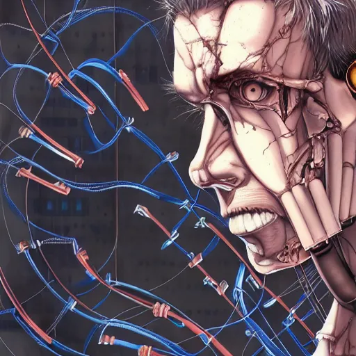 Image similar to Male cyborg, battle-damaged, scarred, handsome face, bored expression, blue eyes, sterile background, head in profile, sci-fi, bio-mechanical, wires, cables, gadgets, Digital art, detailed, anime, artist Katsuhiro Otomo