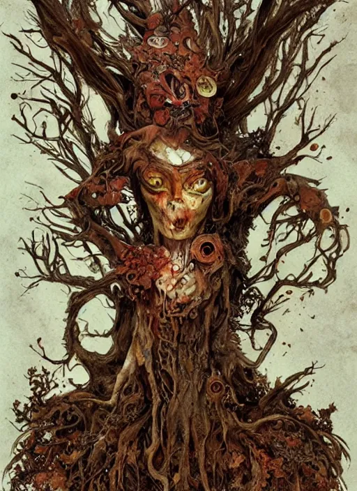 Prompt: rotten tree spirit dryad with a beautiful face and flaming mouth and eyes + mushrooms + fungi + lichen + sketch lines + graphite texture + old parchment + guillermo del toro concept art + justin gerard monsters, intricate ink illustration