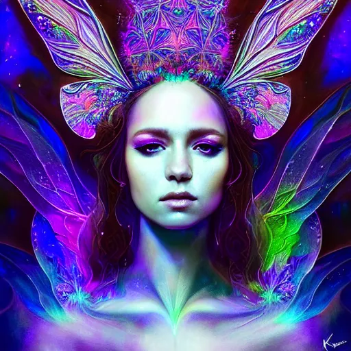 Prompt: An extremely psychedelic crystalline soul fairy, multifaceted, crystals, surreal, dramatic lighting, magic mushrooms, psilocybin, LSD, face, detailed, intricate, elegant, lithe, highly detailed, digital painting, artstation, concept art, smooth, sharp focus, illustration, art by Krenz Cushart and Artem Demura and alphonse mucha