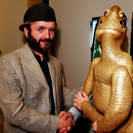 Prompt: A lizard person shaking hands with a religious icon