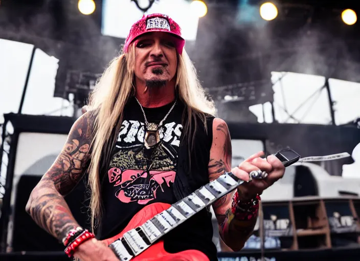 Image similar to photo still of brett michaels on stage at vans warped tour!!!!!!!! at age 4 8 years old 4 8 years of age!!!!!!!! shredding on guitar, 8 k, 8 5 mm f 1. 8, studio lighting, rim light, right side key light