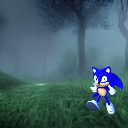 Image similar to nighttime sonic the hedgehog running in forest, spooky, dark, pitch black horror