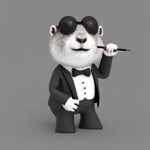 Image similar to a cute marmot in a tuxedo while holding a pencil, digital art, 3 d artistic render, octane, blender, cartoon, shadows, lighting