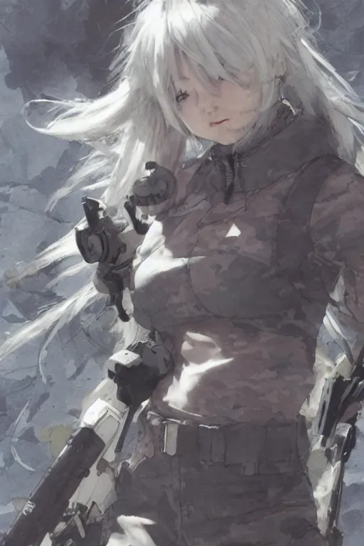 Prompt: girl, silver hair ((ponytail)), (winking), multicam (camo), trending on artstation, detailed, cinematic full body shot, ilustration by Takehiko Inoue (((and Yoann Lossel))) (((and Yoji Shinkawa)))