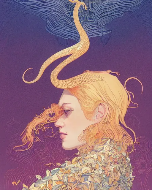 Image similar to a beautiful maiden with golden hair growing scales and sharp claws like a serpentine, digital art, illustrated by james gurney and victo ngai