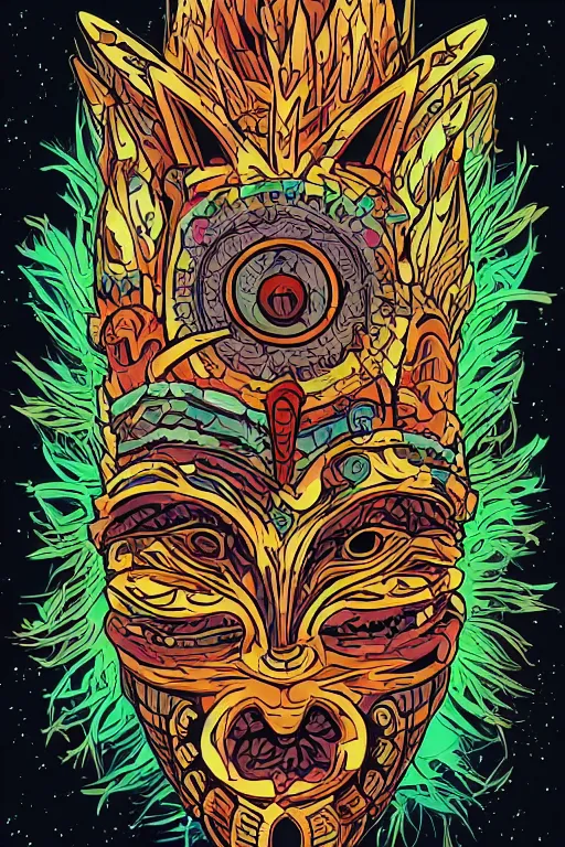 Image similar to animal mask totem roots flower tribal feather gemstone plant wood rock shaman vodoo video game vector cutout illustration vivid multicolor borderlands comics by josan gonzales and dan mumford radiating a glowing aura