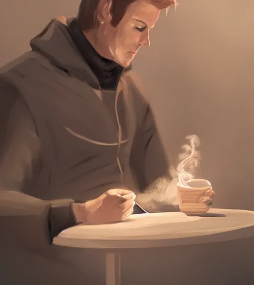 Image similar to Portrait of Antti Kervinen drinking coffee, in the park, charchoal drawing, dimly lit, wispy smoke, intricate, highly detailed, digital painting, artstation, concept art, sharp focus, illustration, art by einar jonsson