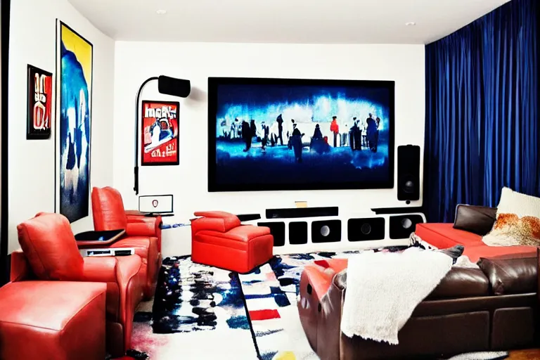 Image similar to very wide angle, a modern home movie theater with big screen, stylish wall sconces, old popcorn machine!, movie posters!, very happy and cozy, interior designed by kelly wearstler, rough watercolor painting
